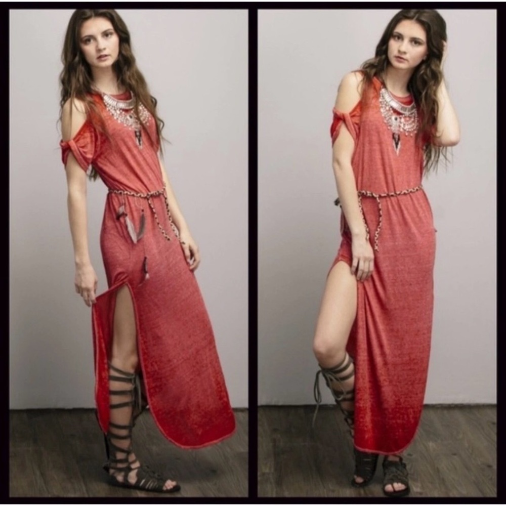 We The Free Coral Cold Shoulder Side Slits Relaxed Boho Maxi Dress Womens Size S